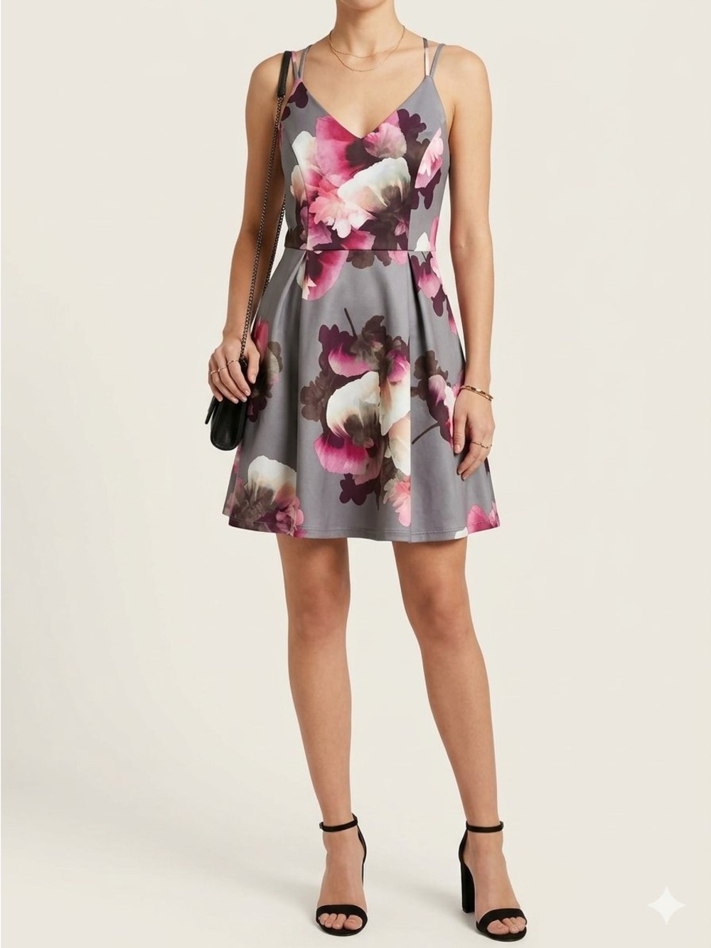 Charlotte Russe Gray Dress with Pink Floral Print